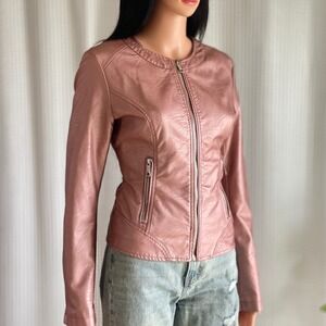 Rino & Pelle Metallic Rose Gold Faux Leather Moto Jacket Leopard Lining Size 36